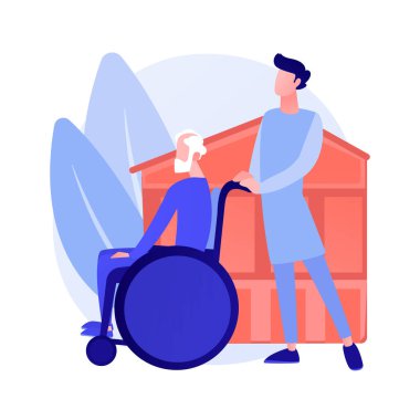 Huzurevi. Hemşire çizgi film karakteri tekerlekli sandalyedeki yaşlı engellilerle ilgileniyor. Yaşlılar, huzurevi, uzun vadeli tesisler. Vektör izole kavram metaforu