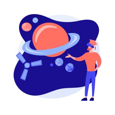 Sanal gerçeklik uzay keşfi. Yenilikçi eğitim teknolojisi, modern eğlence, büyüleyici deneyim. VR kulaklıklı adam kozmosu inceliyor. Vektör izole kavram metaforu