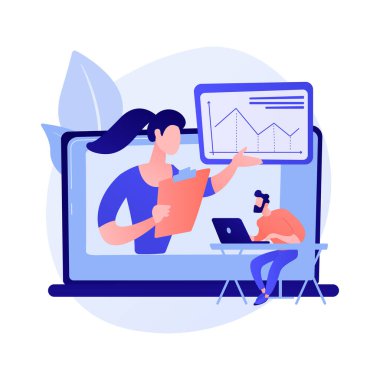 İnternet konferansı. Çevrimiçi interaktif seminer dinleyen insanlar, bilgisayar ekranında konferans verenler. Web konferansı, web yayını, webinar, e-öğrenme. Vektör izole kavram metaforu