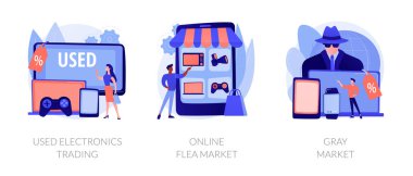 Ucuz akıllı telefon alımları, dizüstü bilgisayar anlaşmaları, düşük fiyatlı bilgisayar anlaşmaları. Elektronik ticareti, online bit pazarı, gri piyasa metaforları. Vektör izole kavram metaforları.