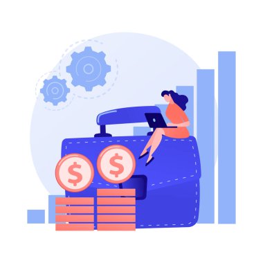 Gelir artışı, karlı iş, başarılı ticaret. İş akışı, gelir dalgalanması, gelir grafiği eğrisi oku. İş sahibi çizgi film karakteri. Vektör izole kavram metaforu.