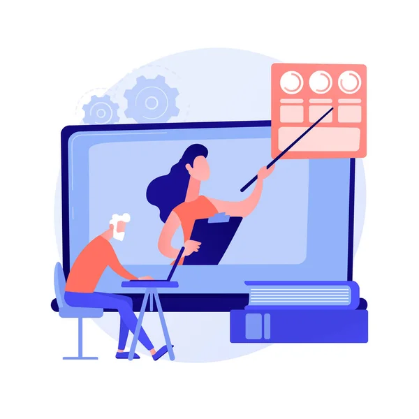 Education for older people. Senior couple of people watching online courses on laptop, getting academic degree. Webinar, internet seminar. Vector isolated concept metaphor illustration