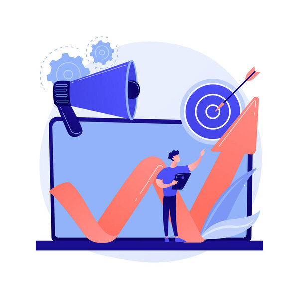 SMM, internet promotion, online advertisement. Announcement, market research, sales growth. Marketer with laptop and loudspeaker cartoon character. Vector isolated concept metaphor illustration.
