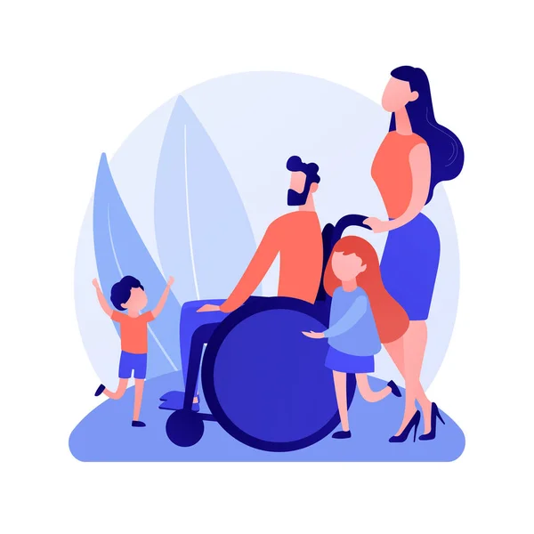 障害者適応 社会的包摂 障害者のための医療 家族支援 妻と子供は車椅子で夫を迎える ベクトル分離概念隠喩図 — ストックベクタ
