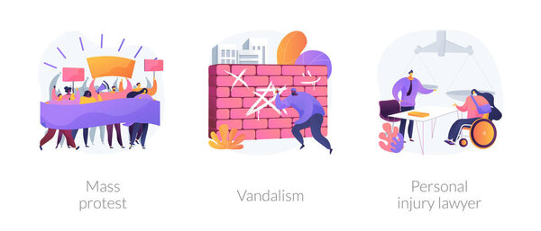 Беспорядки возмущают абстрактную концепцию векторной иллюстрации. Массовые протесты, вандализм, нанесение телесных повреждений адвокату, демонстрация, политические права, расовый равенство, правоохранительные органы, ущерб абстрактной метафоры.