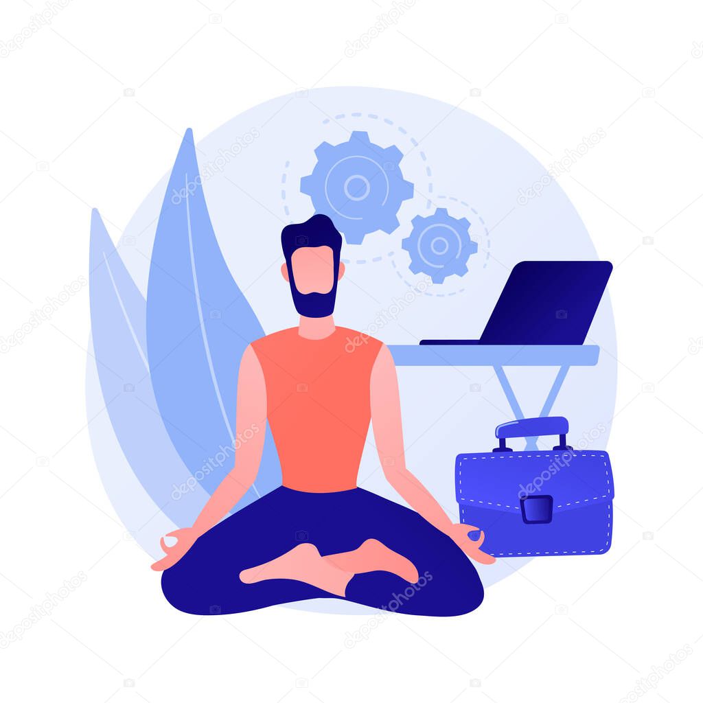 Stress reduction and relieving activity. Man cartoon character sitting in lotus pose. Work and rest balance. Meditation, relaxation, balancing. Vector isolated concept metaphor illustration