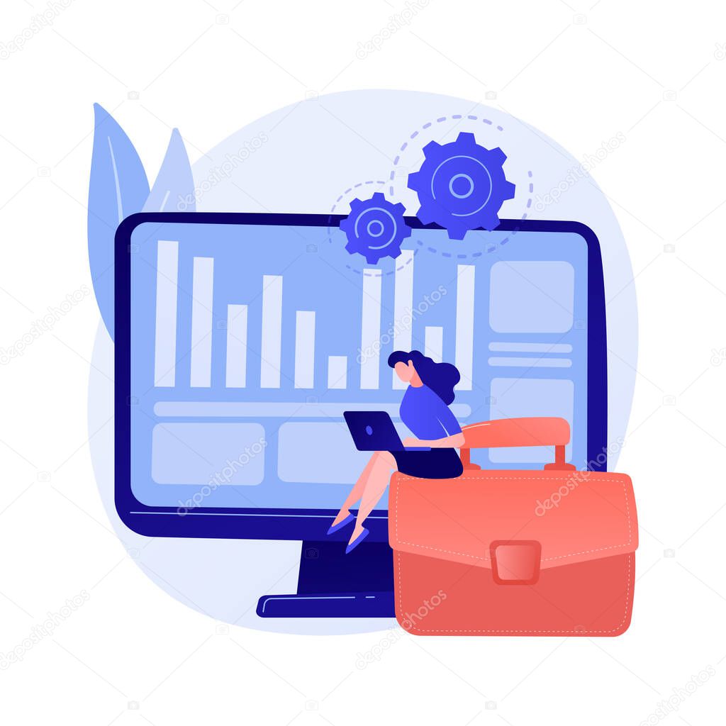 Stocktaking process. Financial operation. Tax reporting, managementt software, enterprise program. Woman doing bookkeeping and auditing cartoon character. Vector isolated concept metaphor illustration