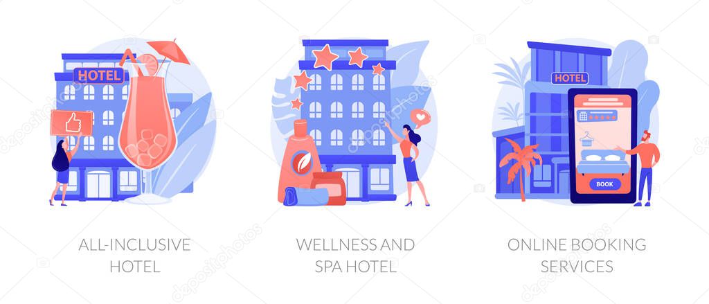 Luxury hotels metaphors. All inclusive resort, wellness and spa hotel, online booking service. Accommodation rent, travel planning. Room reservation. Vector isolated concept metaphor illustrations.