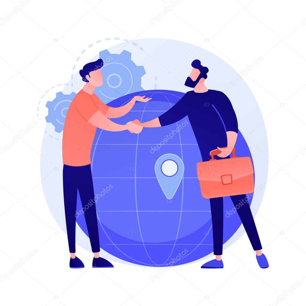 International business cooperation. Businesswoman and businessman shaking hands. Global collaboration, agreement, international partnership. Vector isolated concept metaphor illustration