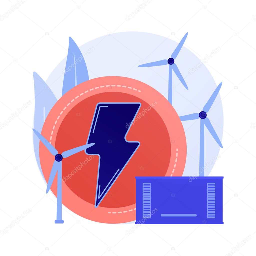 Wind farm with windmills, obtaining energy from natural source. Wind flow generator, non-polluting transformer substation, power production equipment. Vector isolated concept metaphor illustration.