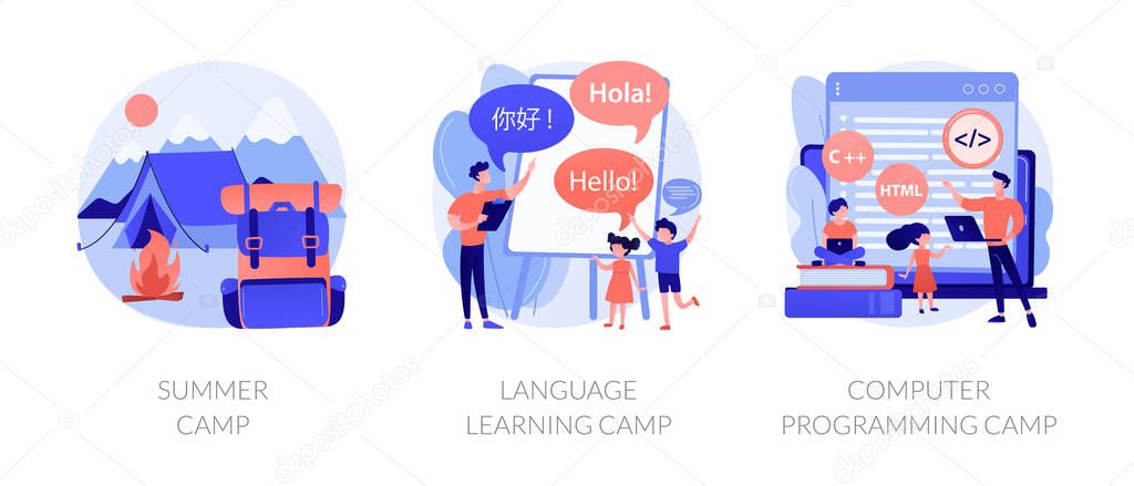 Educational summertime activities for children metaphors. Summer camp, language learning class, computer programming course. Kids vacation. Vector isolated concept metaphor illustrations.