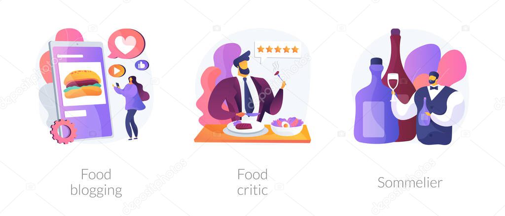 Food review abstract concept vector illustration set. Food blogging and critic, sommelier, social media, restaurant chef, rating, expert opinion, culinary show, wine steward, foodie abstract metaphor.