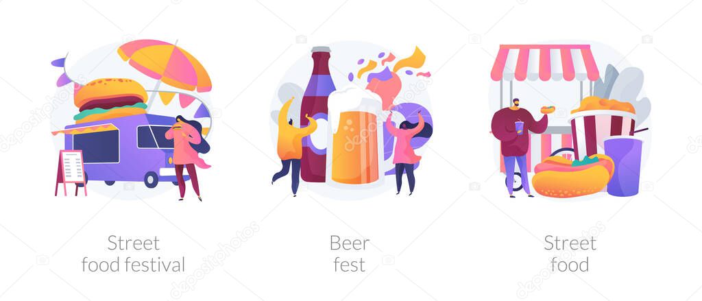 Local food event abstract concept vector illustration set. Street food festival, beer fest, truck service, chef prepare meals, international menu, street brewing, art and music abstract metaphor.