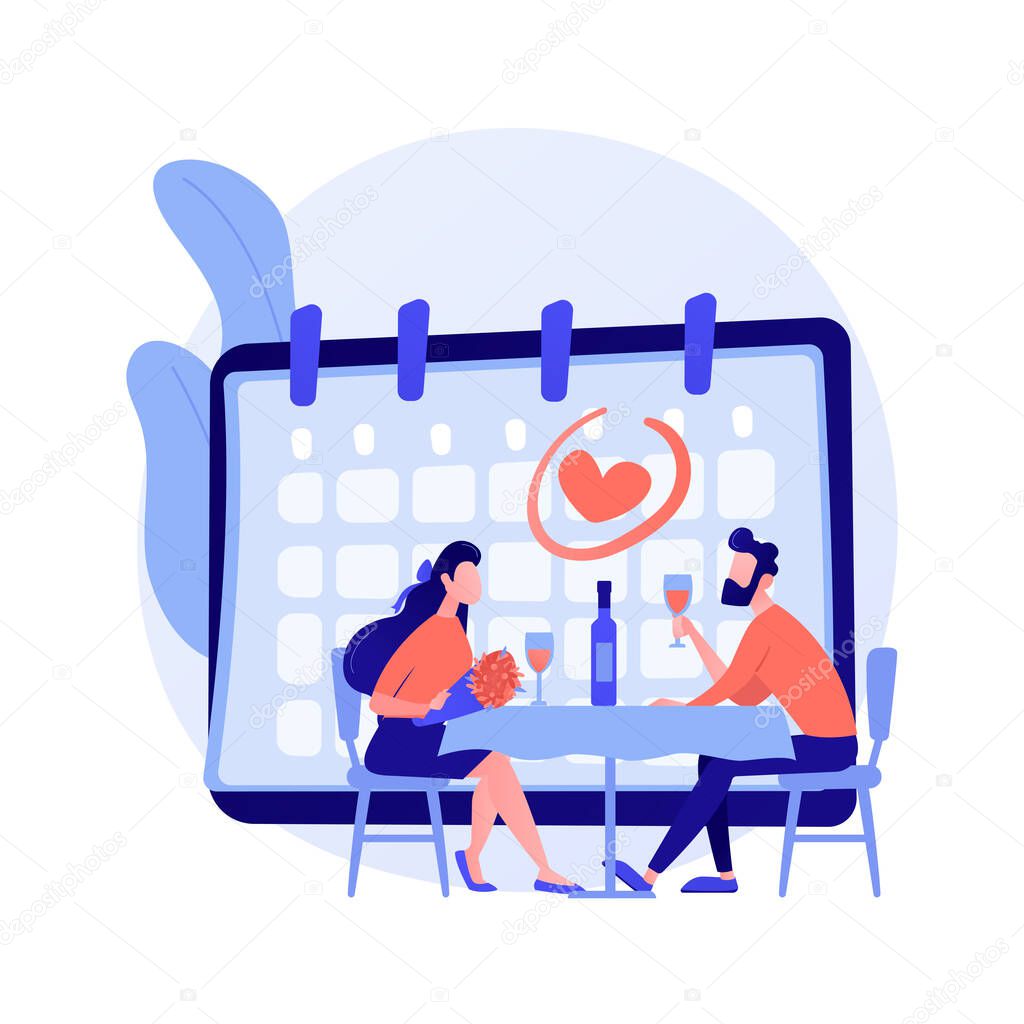 Couple on romantic date. Boyfriend and girlfriend drinking wine in restaurant, celebrating anniversary. Dating, relationship, valentine day. Vector isolated concept metaphor illustration