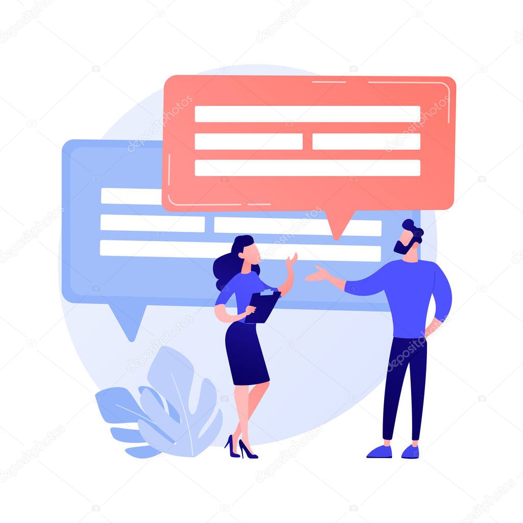 Business discussion. Verbal communication, colleagues conversation, corporate conference. Partnership establishment negotiation. Office meeting. Vector isolated concept metaphor illustration