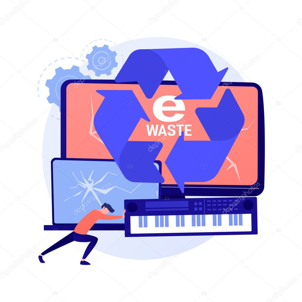 Broken electronics reusing. Damaged device fixing, repairing service, used portable gadgets. Smartphone and laptop with cracks on screen. Vector isolated concept metaphor illustration.