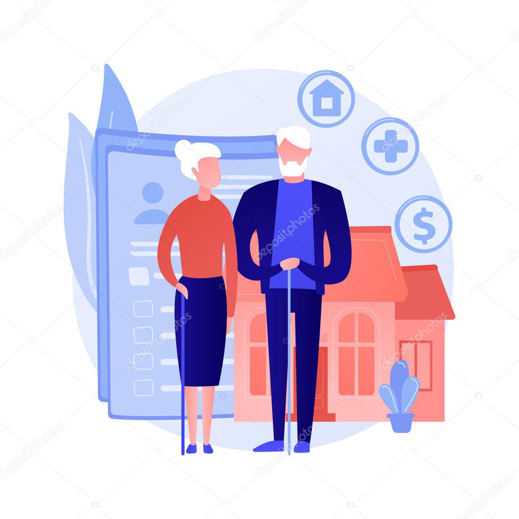 Retirement and estate management. Health insurance, dwelling place choice, financial benefits. Elderly couple, senior adults savings plan. Vector isolated concept metaphor illustration