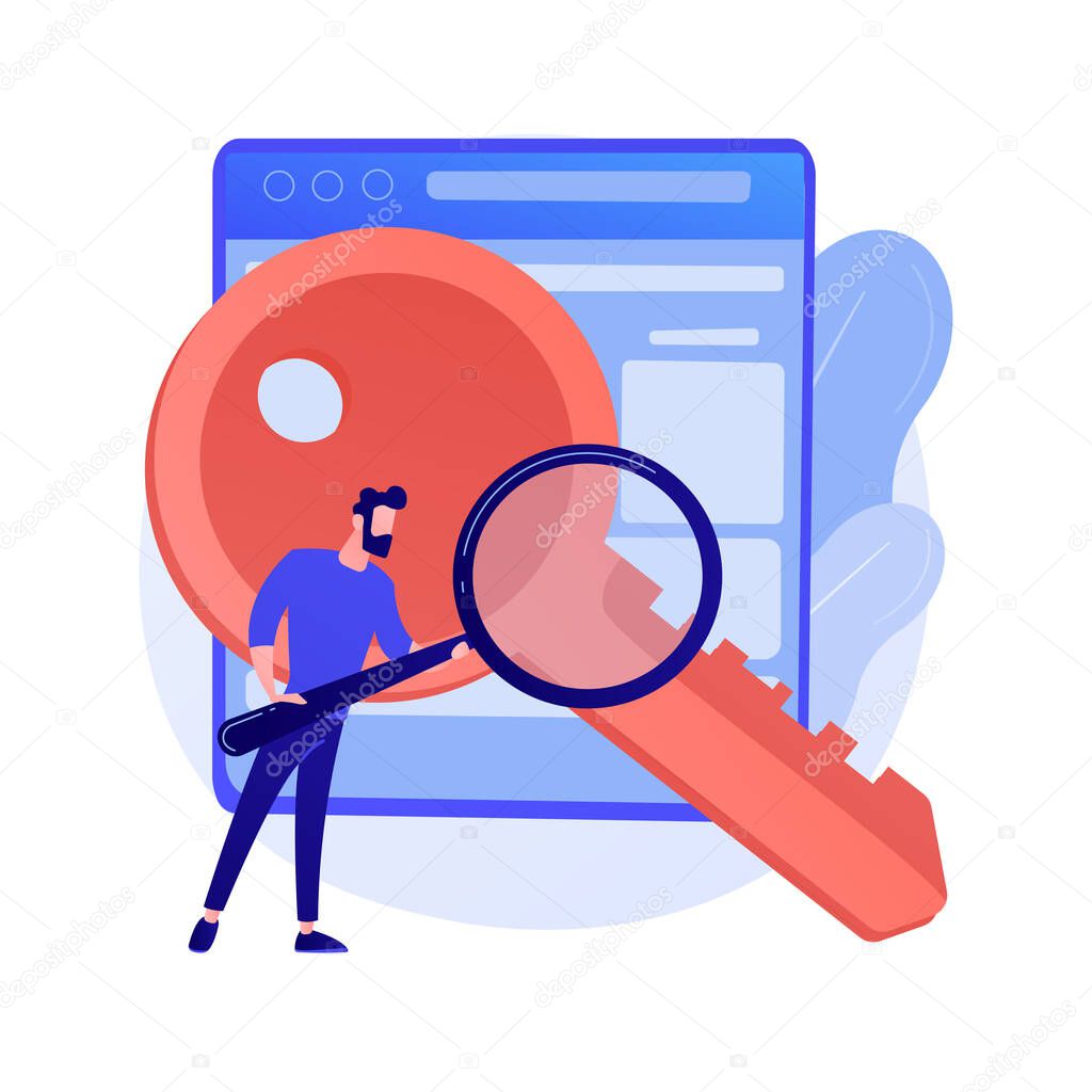 Keywords searching. SEO, content marketing isolated flat design element. Business solution, strategy, planning. Man holding magnifier and key. Vector isolated concept metaphor illustration