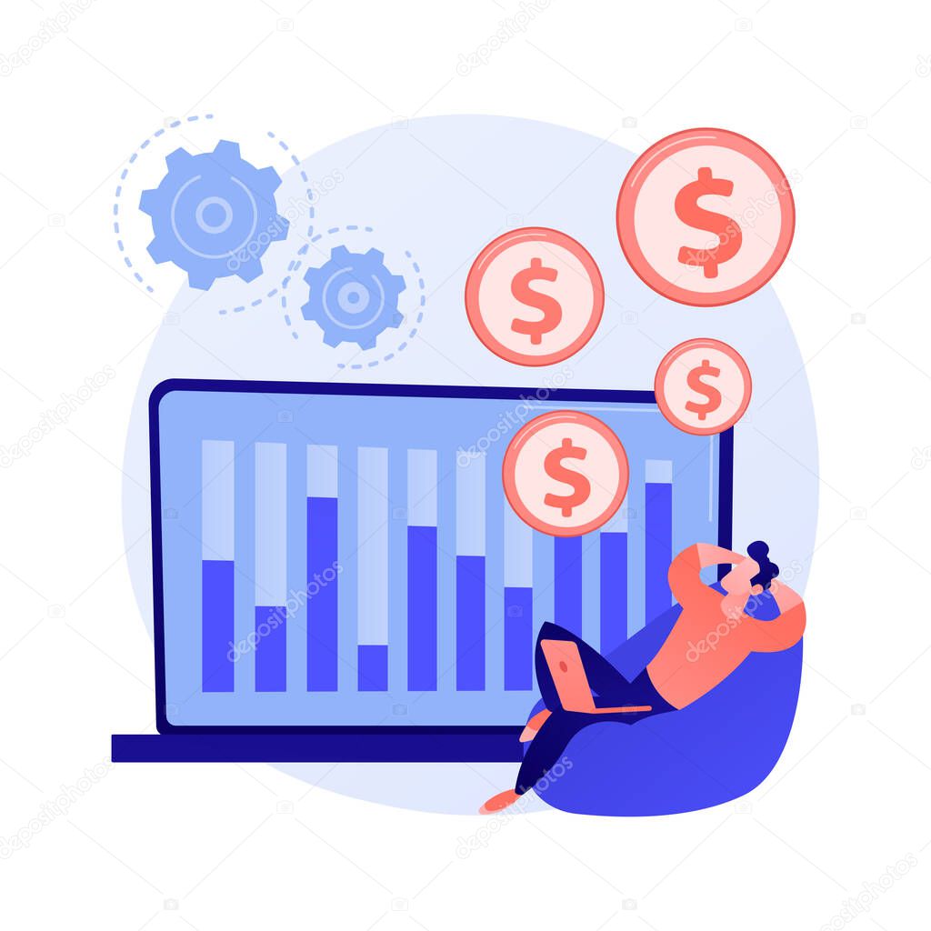 Passive income, easy making money, cash receipts. Profitable investment, financial scheme. Man with laptop, investor in armchair cartoon character. Vector isolated concept metaphor illustration.