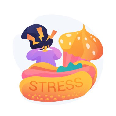 Stresten yiyorum. Sağlıksız yiyecekler tüketiyor. Aşırı yeme, aşırı yeme, kaygı. Stresli kız, abur cubur, sosisli ve kek. Vektör izole kavram metaforu