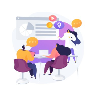 Grup toplantısı. Kurumsal işbirliği. Ofisteki meslektaşlar. Strateji planlaması, konferans tartışması, masa beyin fırtınası. Başlangıç organizasyonu. Vektör izole kavram metaforu.