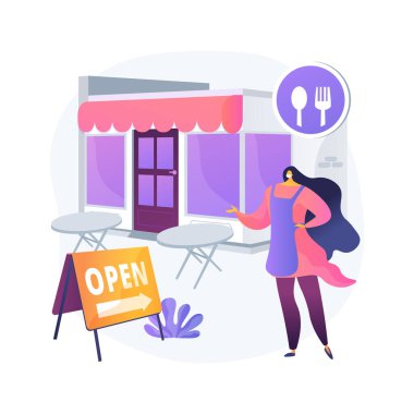 Restoranlar soyut konsept vektör illüstrasyonunu yeniden açıyor. Salgın iş adaptasyonu, açık oturma alanı, dışarıda yemek, masa aralığı, sosyal ve fiziksel soyut metafor.