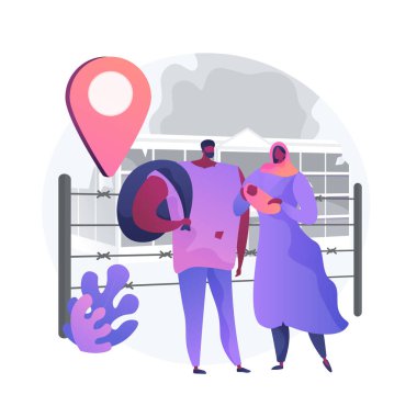 Mültecilerin ailesi. Yasadışı göç. Hapisten salıverilmek. Hapishane teslimatı. Kocasıyla buluşan, çocuklu bir eş. Hapis, ceza, hapis. Vektör izole kavram metaforu