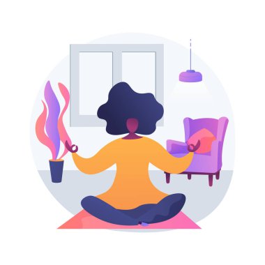 Ev yoga soyut konsept vektör çizimi. Ev karantina eğitimi, güç yogası çevrimiçi sınıfı, rahatlama stresi, farkındalık, canlı yayın, evde kalmak, sosyal mesafe soyut metaforu..