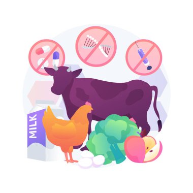 Antibiyotik hormonlarından bağımsız GDO gıdaları soyut konsept vektör illüstrasyonu. Organik ürünler, hayvancılık, organik tarım, sağlıklı gıdalar, zengin beslenme düzeni, çiftlik pazarı soyut metaforu.