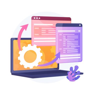 Web sayfası görselleştirmesi. Protokol prosedürü. Dinamik yazılım çalışma akışı. Tam Yığın Geliştirme, İşaretleme, Yönetim Sistemi. Paylaşılan bellek için sürücü. Vektör izole kavram metaforu.