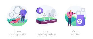 Bahçe hizmetleri soyut konsept vektör illüstrasyon seti. Çim biçme hizmeti, çim sulama sistemi, çim gübresi, havacılık ve yabani otlar, karahindiba temizleme, soyut sulama metaforu.