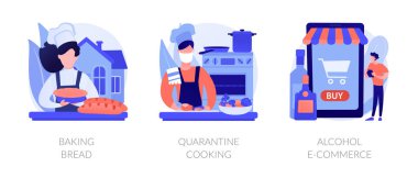 Ev yapımı yemek ve soyut konsept vektör çizimi seti. Ekmek pişirme, karantina aşçılığı, alkol e-ticareti, aile tarifi, maya pişirme, online market ve şarap soyut metaforu.