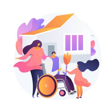 Engelli kişi adaptasyonu. Sosyal kapsama, engelliler için sağlık sigortası, aile desteği. Eşi ve çocuğu tekerlekli sandalyede kocasını selamlıyor. Vektör izole kavram metaforu