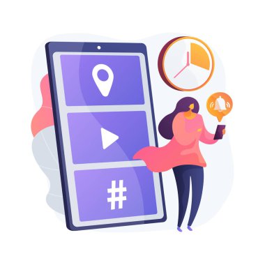 FOMO soyut konsept vektör çizimi. Kaçırma korkusu, sosyal kaygı, eğlenme, bağlı kalma, sosyal etkileşim, internet kullanımı, psikolojik sağlık ve soyut metafor.