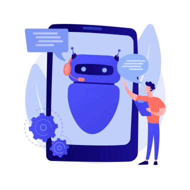 Chatbot ile diyalog. Sorulara yapay zeka yanıtı. Teknik destek, anlık mesajlaşma, yardım hattı operatörü. AI asistanı. Müşteri robot danışmanı. Vektör izole kavram metaforu.
