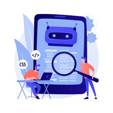 Java geliştiricisi. Akıllı telefon yazılımı. Javascript kodlama, yazma uygulaması, css programlama. Html kaynak kodu karıştırma. Mobil program. Vektör izole kavram metaforu.