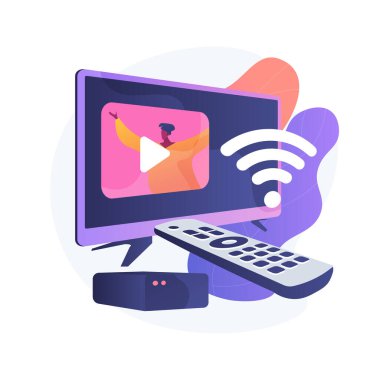 Uzaktan kumanda. Yayınlanan medya, ev ağlarına erişim fikri. Entegre eğlence teknolojisi, internet televizyonu, dizi yayıncılığı. Vektör izole kavram metaforu