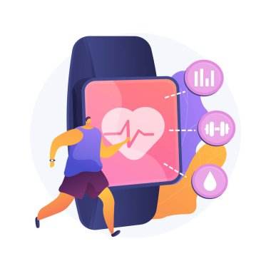 Spor ve spor takip cihazı soyut konsept vektör çizimi. Aktivite bandı, sağlık monitörü, bilek aşınmış cihaz, koşu, bisiklet ve günlük eğitim metaforu..