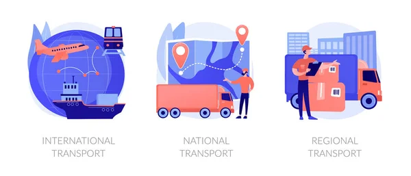 全球订单交付服务 货机和卡车装运 国际运输 国家运输 区域运输隐喻 矢量孤立概念隐喻图解 — 图库矢量图片