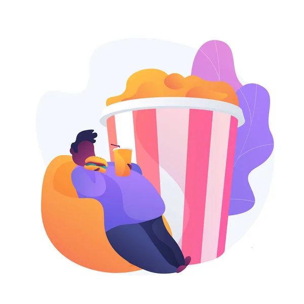 ファーストフードだ 太りすぎの男がハンバーガーを食べ アームチェアに横たわってソーダを飲む ジャンクフード不健康な生活習慣中毒 太った漫画のキャラクター ベクトル分離概念隠喩図 — ストックベクタ