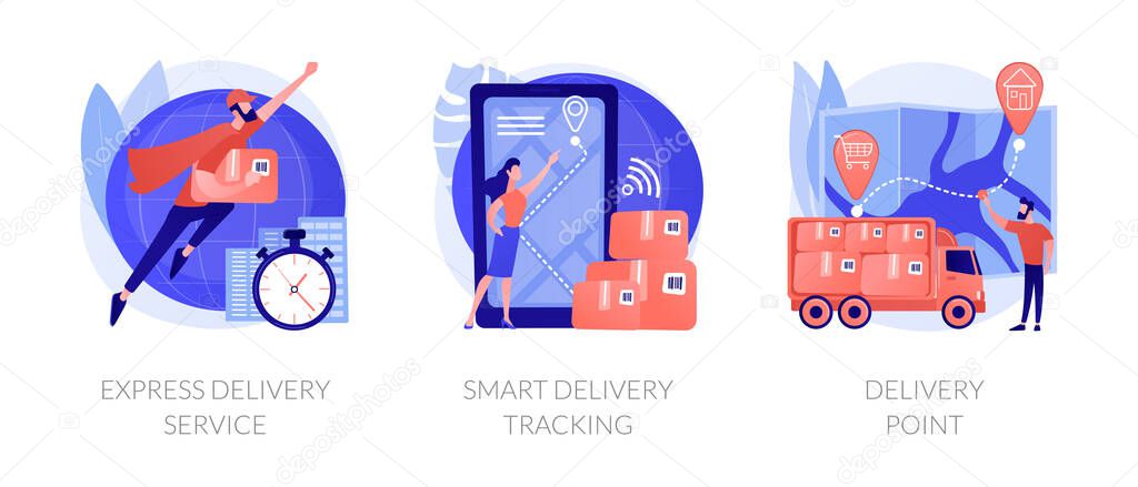 Parcel shipment services metaphors. Express delivering, online smart tracking, courier. Order delivery point. Cargo truck location. Courier with box abstract concept vector illustration set.
