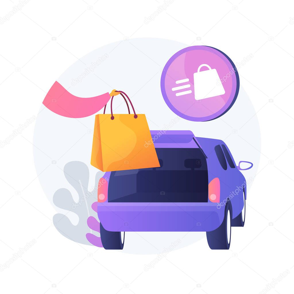 Get supplies without leaving your car abstract concept vector illustration. Curbside pickup, order number, call the store, contactless grocery pick-up, place order in trunk abstract metaphor.