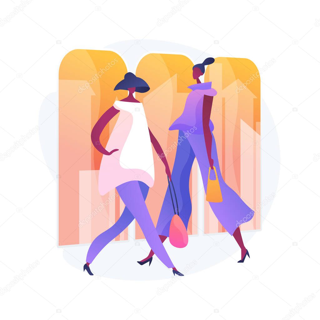 Fashion week show. Professional models, clothes demonstration, haute couture event. Elegant women on catwalk wearing trendy garments, posing gracefully. Vector isolated concept metaphor illustration