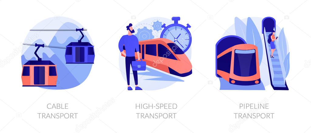 Long distance passenger vehicles cartoon icons set. Public subway. Cable transport, high-speed transport, pipeline transport metaphors. Vector isolated concept metaphor illustrations.