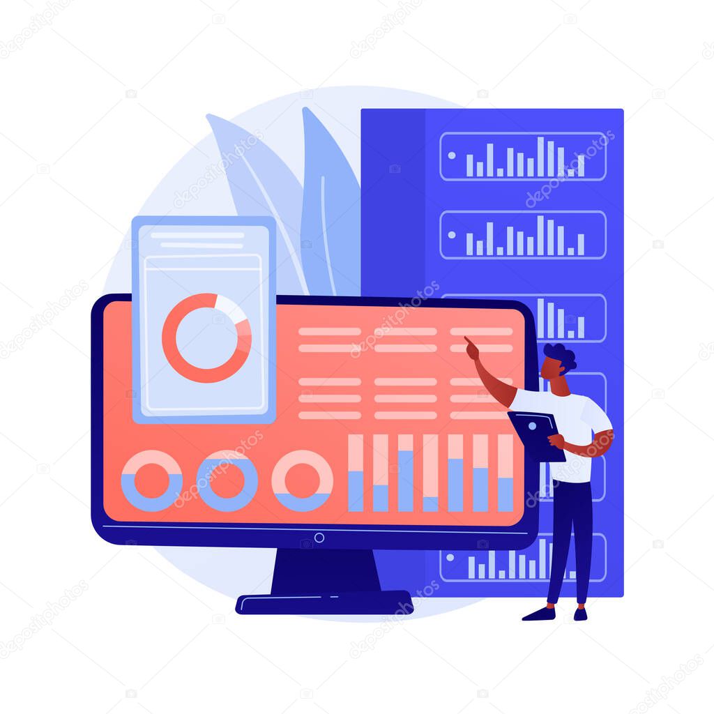 Dashboard analytics. Computer performance evaluation. Chart on screen, statistics analysis, infographic assessment. Business report on display. Vector isolated concept metaphor illustration.