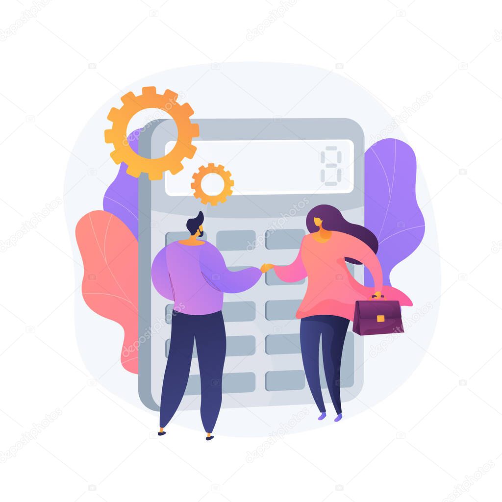 Calculator with number. Financial deal. Confirming with handshake. Calculating operation, audit, venture capital. Economical partnership. Vector isolated concept metaphor illustration.