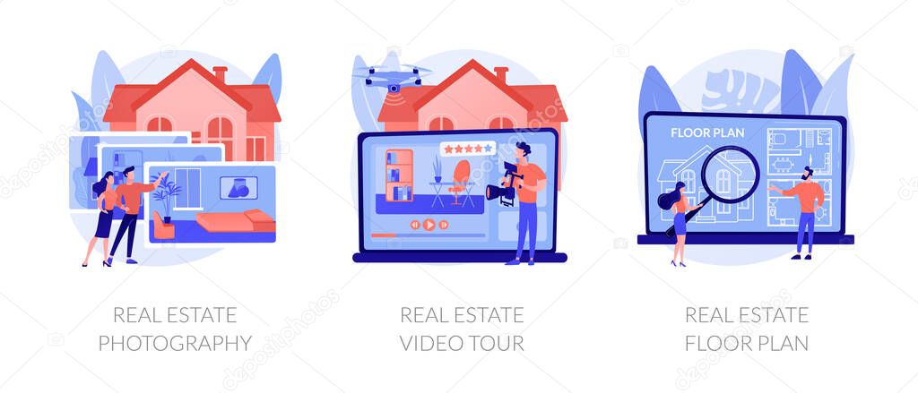 Real estate listing services abstract concept vector illustration set. Real estate photography, video tour and floor plan, realty agency advertisement, open house, virtual staging abstract metaphor.