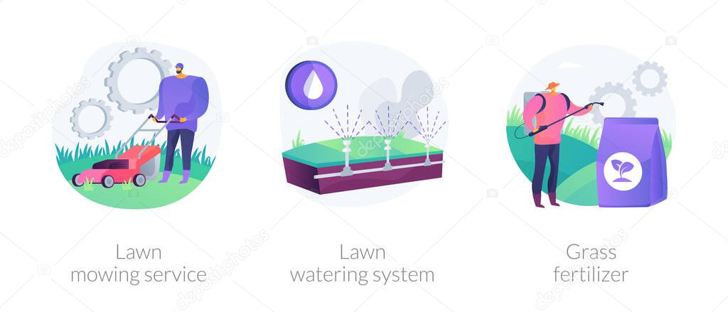 Gardening services abstract concept vector illustration set. Lawn mowing service, lawn watering system, grass fertilizer, aeration and weeding, dandelion removal, irrigation abstract metaphor.