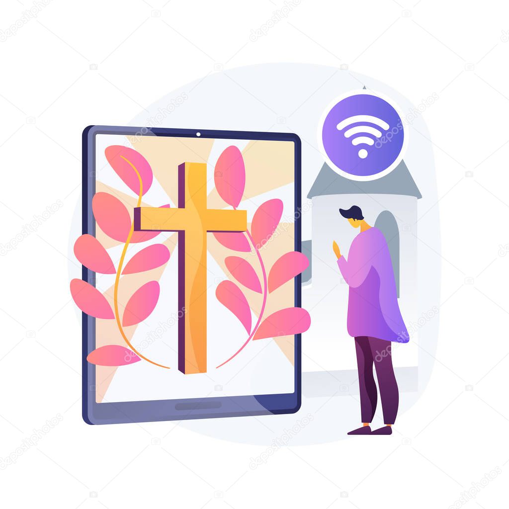 Online church abstract concept vector illustration. Internet church, religious activities, prayer and discussion, preaching, worship services, stay at home, social distancing abstract metaphor.