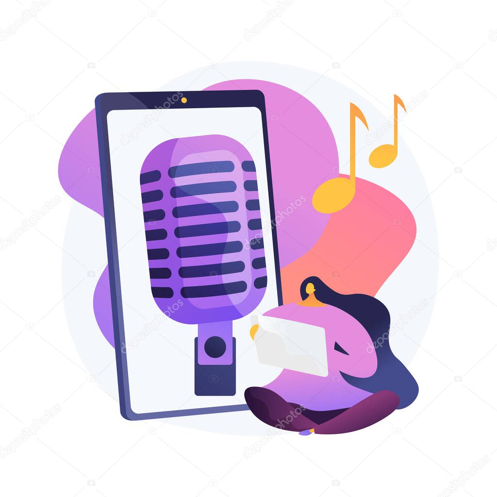 Listen to podcasts abstract concept vector illustration. Spare time in covid-2019 quarantine. Audio programmes, educational podcasts, radio show binge-listening, interview abstract metaphor.